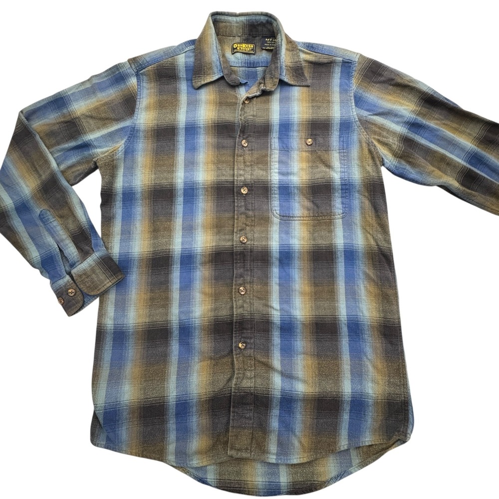 Vintage Oshkosh B'Gosh Shirt MT Blue Black Flannel Plaid Long Sleeve Regular Fit